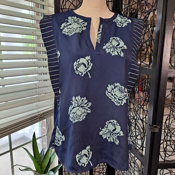 J Crew Size 6 Blue/Turq Sleeveless Floral/Striped Top Split V-Neck EUC - Picture 1 of 11